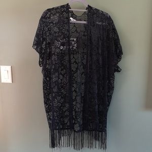 Ardene O/S Bathing Suit Beach Cover Up Black Lace w/ Fringe Open Front